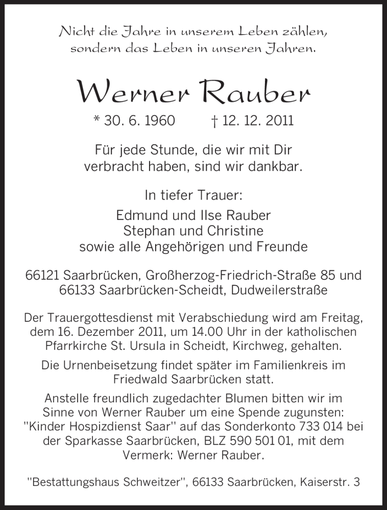  Traueranzeige für Werner Rauber vom 14.12.2011 aus SAARBRÜCKER ZEITUNG