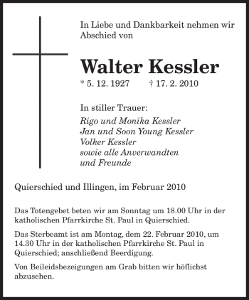 Traueranzeige von Walter Kessler von SAARBRÜCKER ZEITUNG