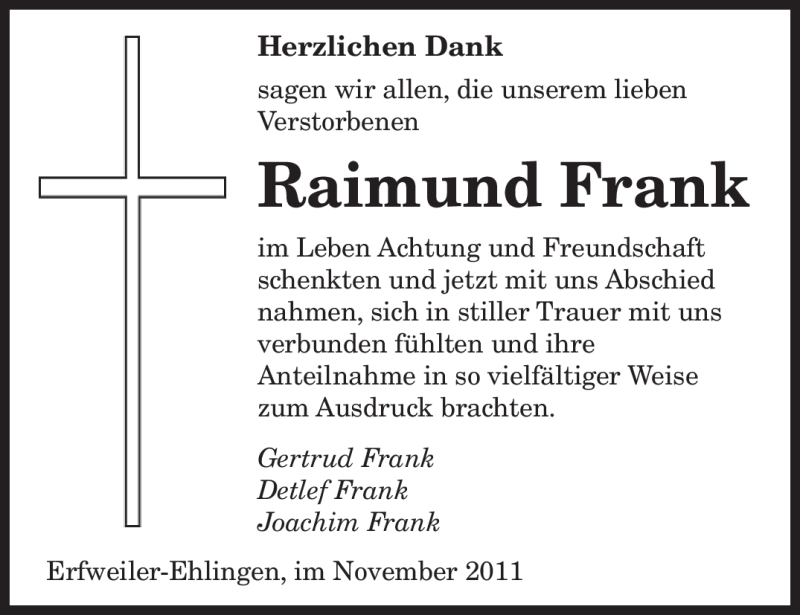  Traueranzeige für Raimund Frank vom 19.11.2011 aus SAARBRÜCKER ZEITUNG