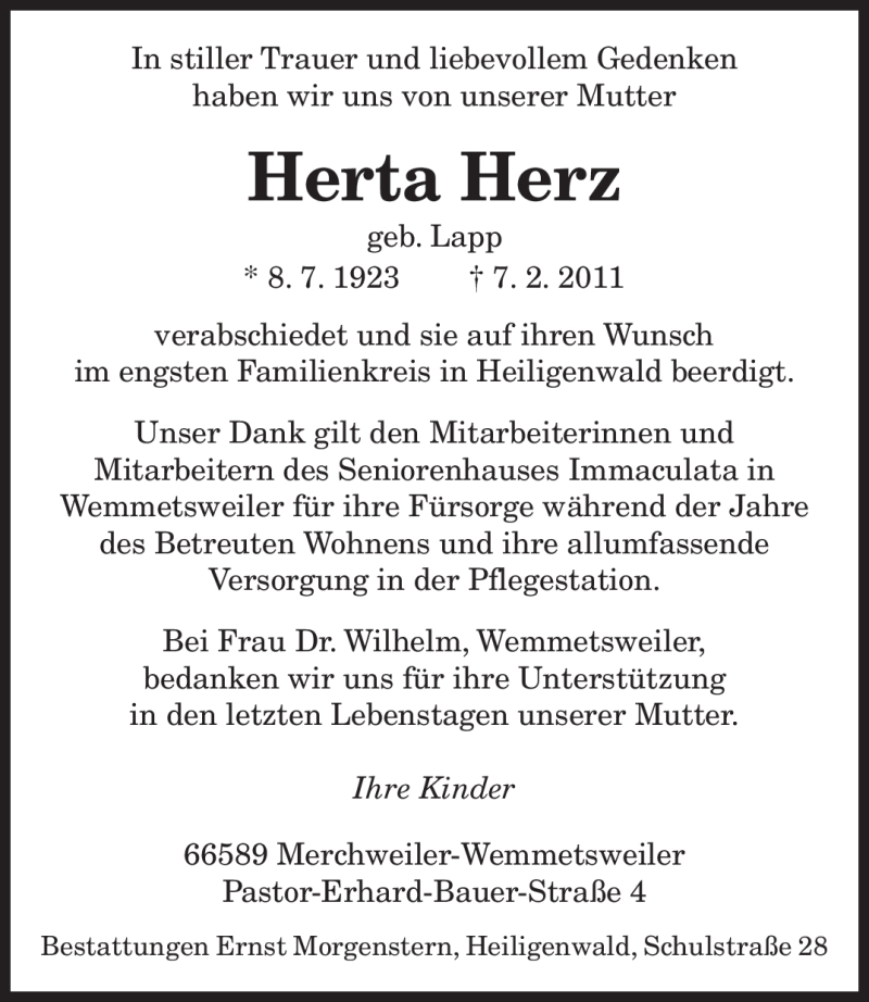 Traueranzeige für Herta Herz vom 12.02.2011 aus SAARBRÜCKER ZEITUNG