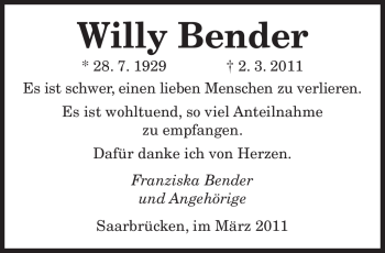 Traueranzeige von Willy Bender von SAARBRÜCKER ZEITUNG