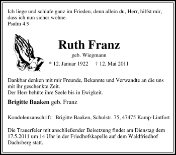 Traueranzeige von Ruth Franz 