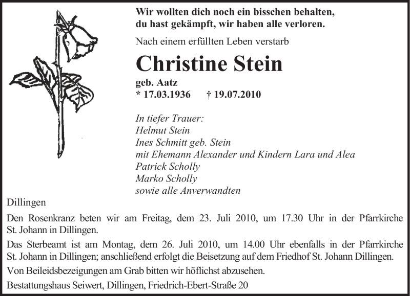  Traueranzeige für Christine Stein vom 22.07.2010 aus SAARBRÜCKER ZEITUNG