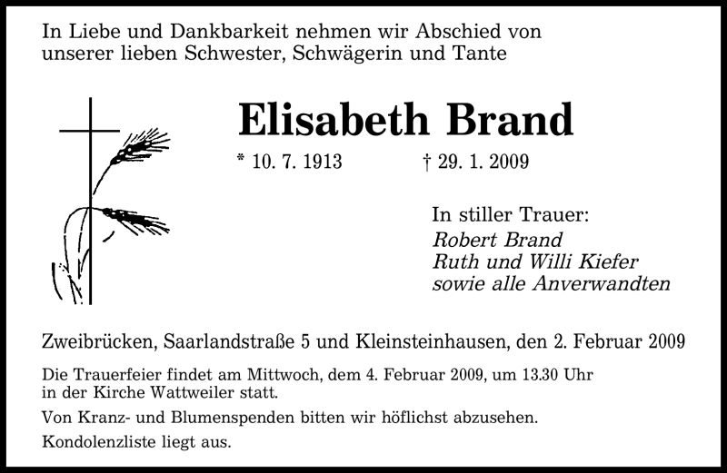  Traueranzeige für Elisabeth Brand vom 02.02.2009 aus SAARBRÜCKER ZEITUNG