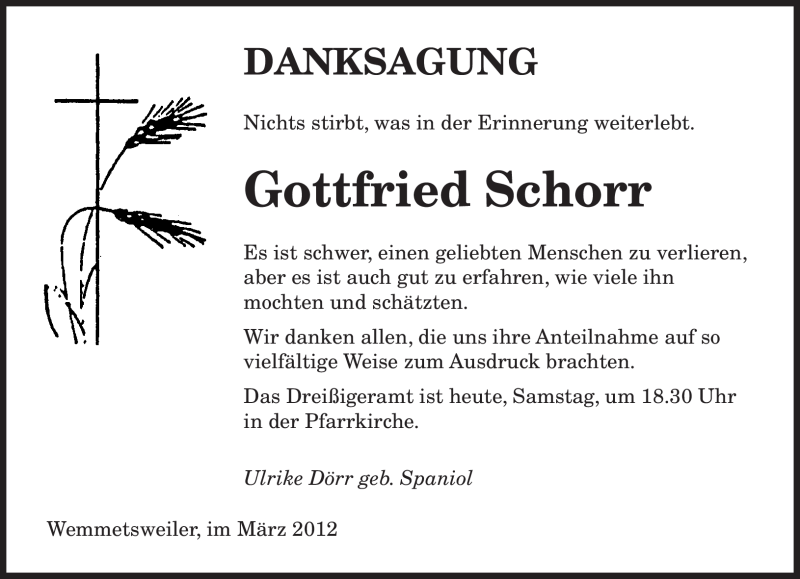  Traueranzeige für Gottfried Schorr vom 03.03.2012 aus SAARBRÜCKER ZEITUNG