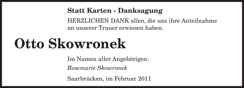  Traueranzeige für Otto Skowronek vom 12.02.2011 aus SAARBRÜCKER ZEITUNG