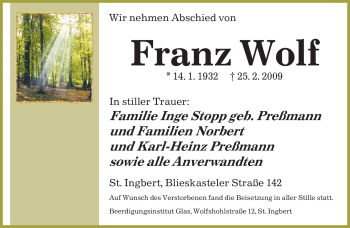 Traueranzeige von Franz Wolf von SAARBRÜCKER ZEITUNG