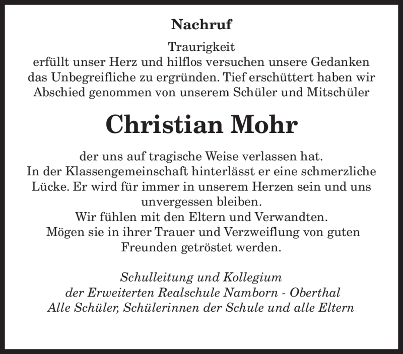  Traueranzeige für Christian Mohr vom 20.02.2010 aus SAARBRÜCKER ZEITUNG
