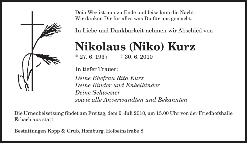  Traueranzeige für Nikolaus Kurz vom 07.07.2010 aus SAARBRÜCKER ZEITUNG