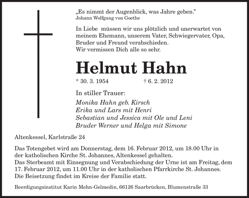  Traueranzeige für Helmut Hahn vom 11.02.2012 aus SAARBRÜCKER ZEITUNG