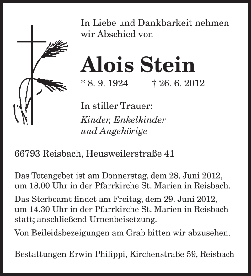  Traueranzeige für Alois Stein vom 28.06.2012 aus SAARBRÜCKER ZEITUNG