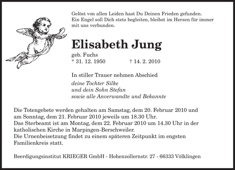 Traueranzeige für Elisabeth Jung vom 17.02.2010 aus SAARBRÜCKER ZEITUNG