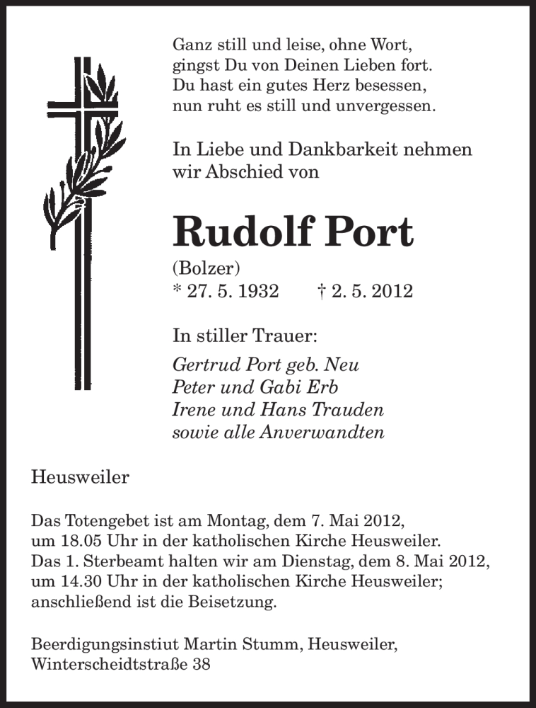  Traueranzeige für Rudolf Port vom 05.05.2012 aus SAARBRÜCKER ZEITUNG