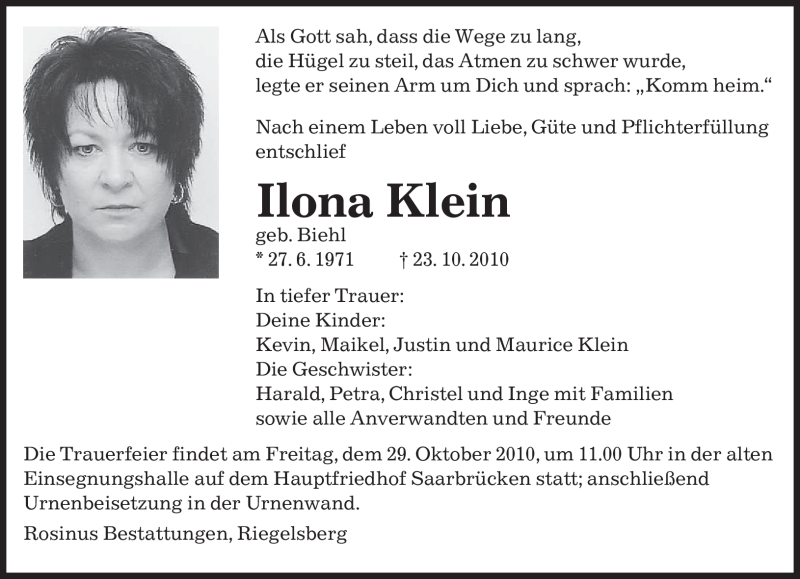  Traueranzeige für Ilona Klein vom 26.10.2010 aus SAARBRÜCKER ZEITUNG