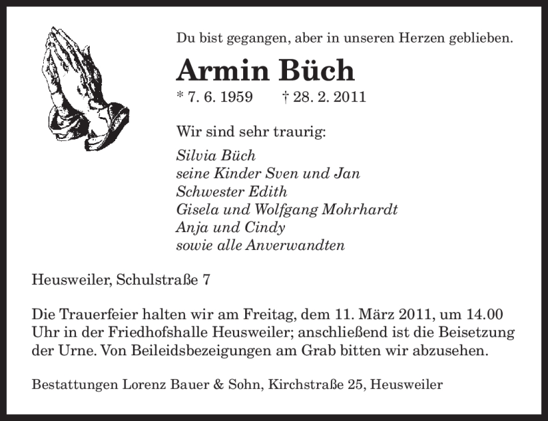  Traueranzeige für Armin Büch vom 05.03.2011 aus SAARBRÜCKER ZEITUNG