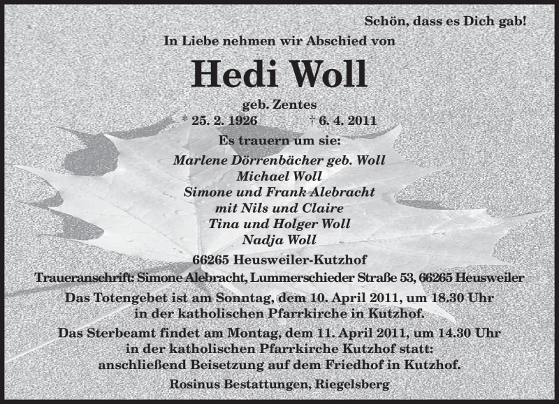  Traueranzeige für Hedi Woll vom 08.04.2011 aus SAARBRÜCKER ZEITUNG