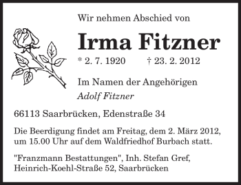 Traueranzeige von Irma Fitzner von SAARBRÜCKER ZEITUNG