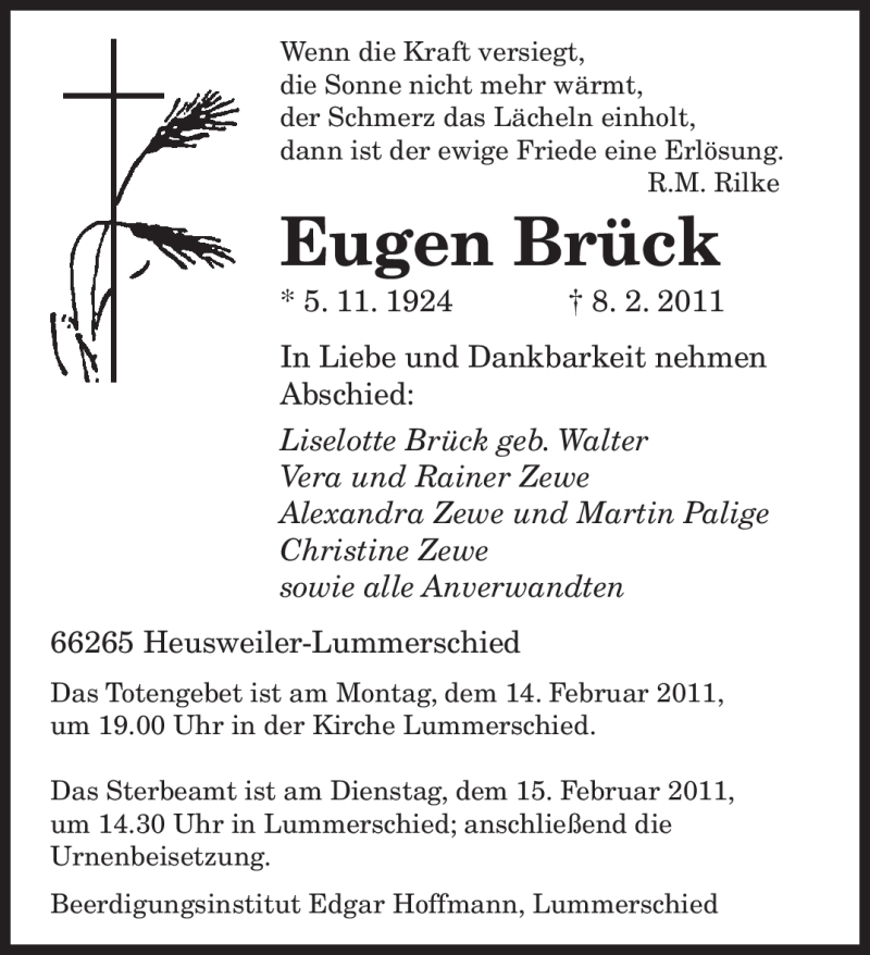  Traueranzeige für Eugen Brück vom 12.02.2011 aus SAARBRÜCKER ZEITUNG