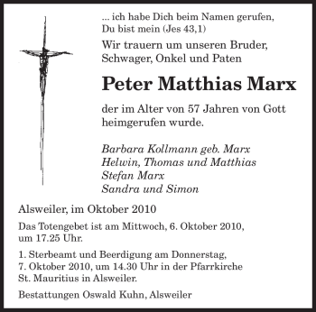 Traueranzeige von Peter Matthias Marx von SAARBRÜCKER ZEITUNG