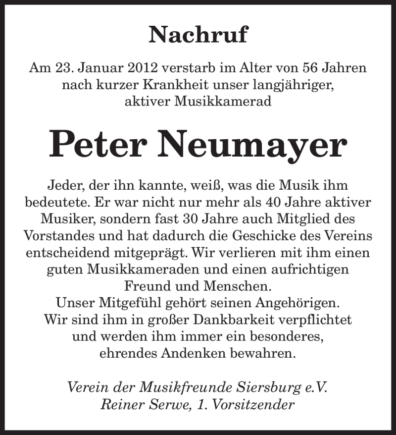  Traueranzeige für Peter Neumayer vom 26.01.2012 aus SAARBRÜCKER ZEITUNG