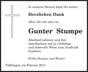 Traueranzeige von Gunter Stumpe von SAARBRÜCKER ZEITUNG