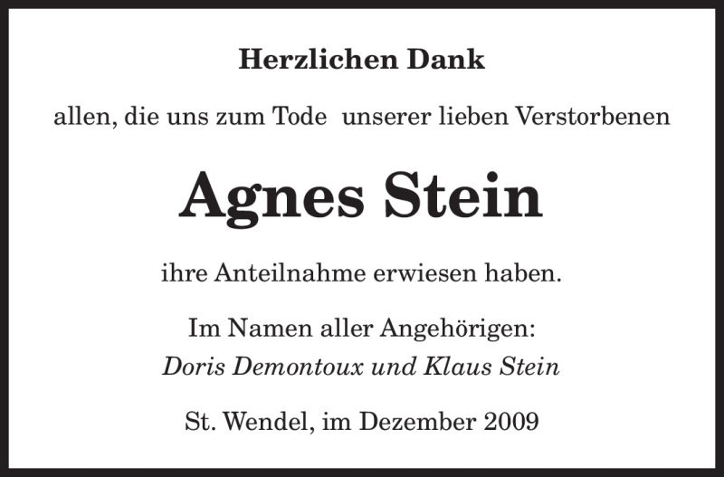  Traueranzeige für Agnes Stein vom 19.12.2009 aus SAARBRÜCKER ZEITUNG