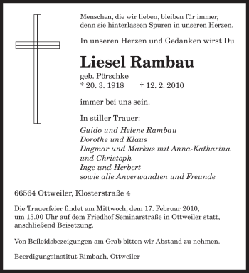 Traueranzeige von Liesel Rambau von SAARBRÜCKER ZEITUNG