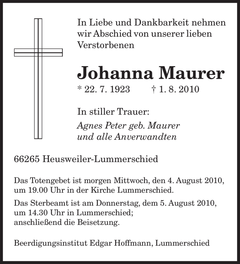  Traueranzeige für Johanna Maurer vom 03.08.2010 aus SAARBRÜCKER ZEITUNG