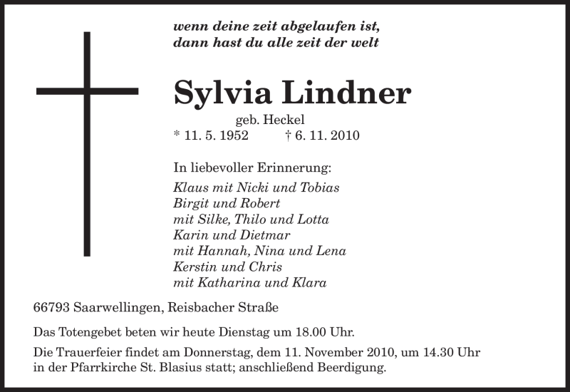  Traueranzeige für Sylvia Lindner vom 09.11.2010 aus SAARBRÜCKER ZEITUNG