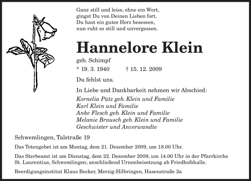  Traueranzeige für Hannelore Klein vom 18.12.2009 aus SAARBRÜCKER ZEITUNG