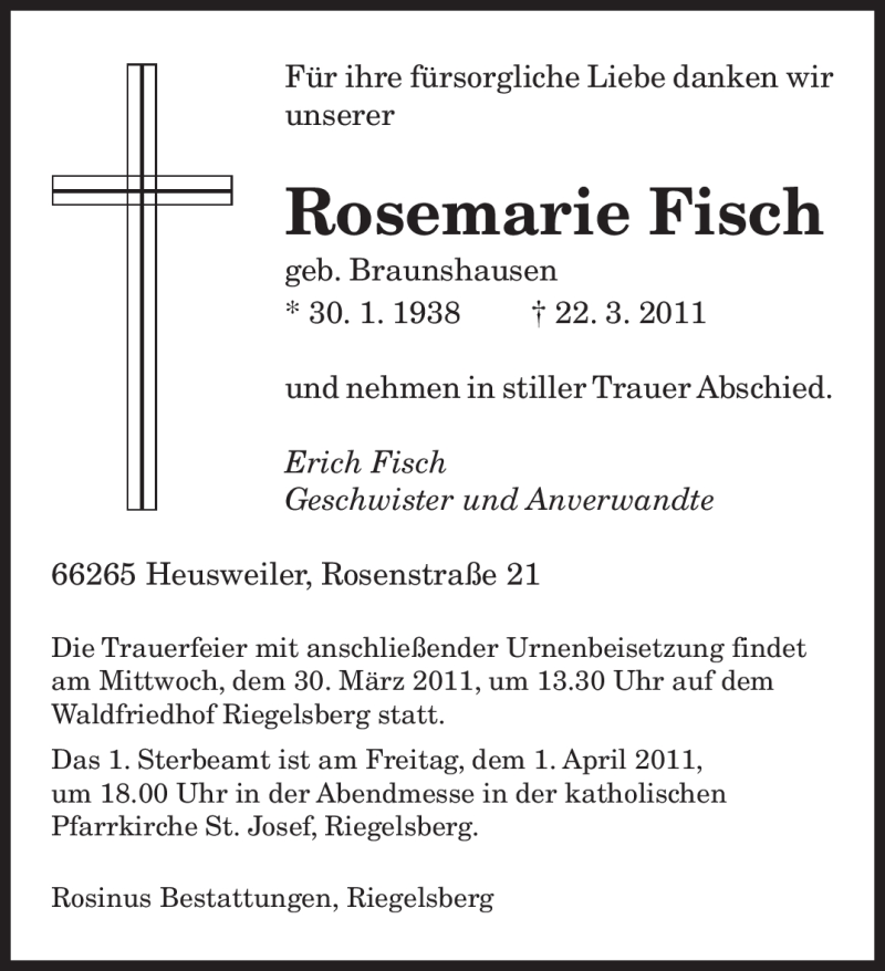  Traueranzeige für Rosemarie Fisch vom 25.03.2011 aus SAARBRÜCKER ZEITUNG