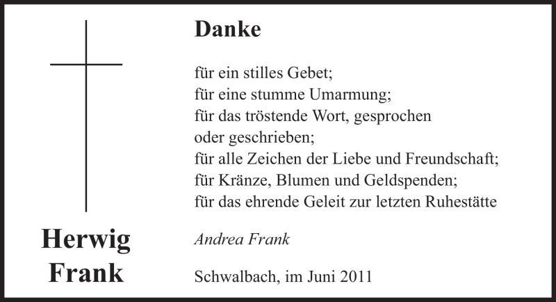  Traueranzeige für Herwig Frank vom 11.06.2011 aus SAARBRÜCKER ZEITUNG