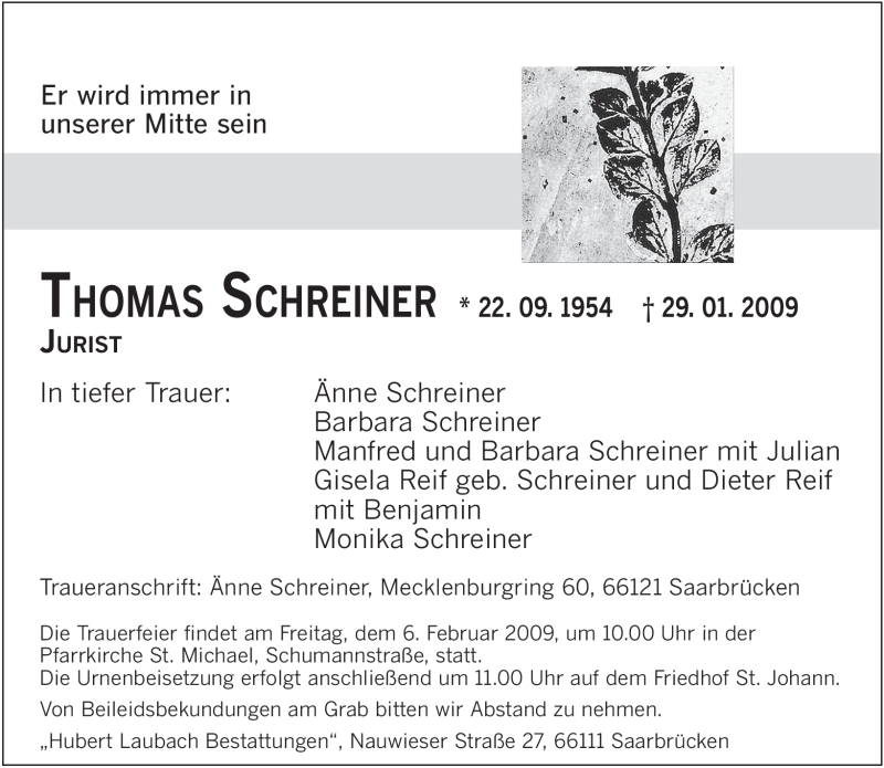 Traueranzeige für Thomas Schreiner vom 04.02.2009 aus SAARBRÜCKER ZEITUNG