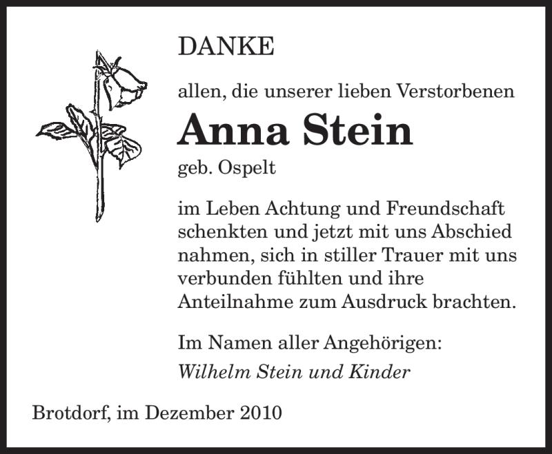  Traueranzeige für Anna Stein vom 02.12.2010 aus SAARBRÜCKER ZEITUNG