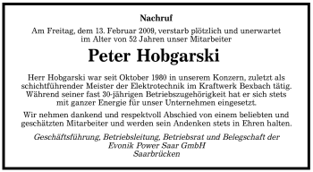Traueranzeige von Peter Hobgarski von SAARBRÜCKER ZEITUNG