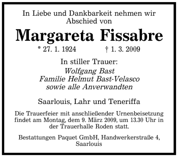 Traueranzeige von Margareta Fissabre von SAARBRÜCKER ZEITUNG