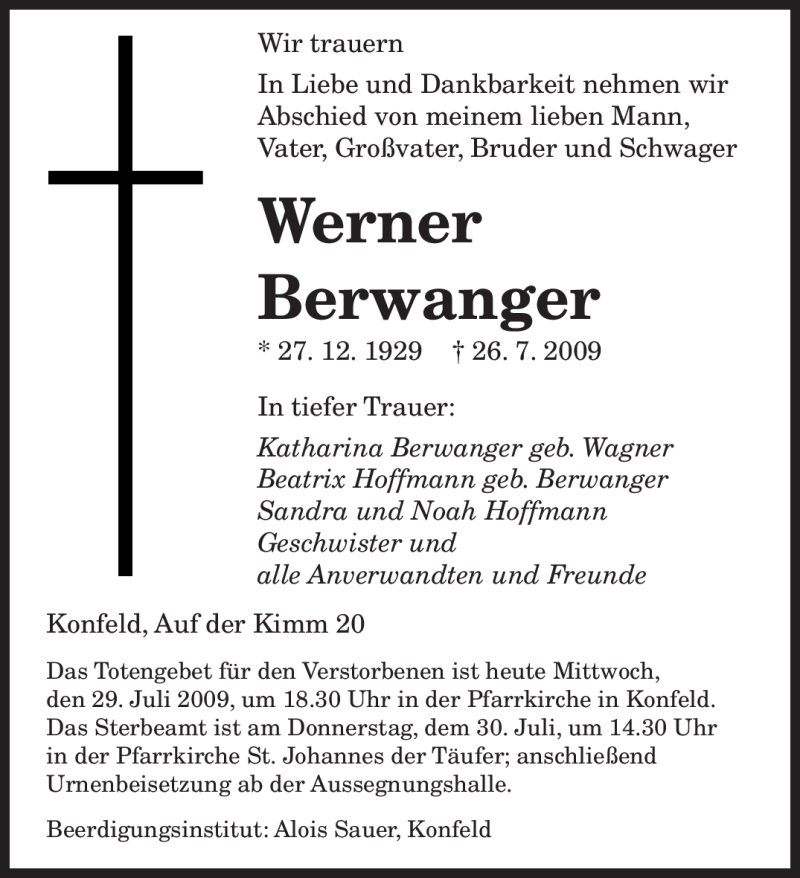  Traueranzeige für Werner Berwanger vom 29.07.2009 aus SAARBRÜCKER ZEITUNG