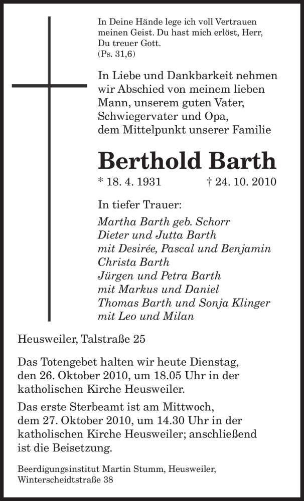  Traueranzeige für Berthold Barth vom 26.10.2010 aus SAARBRÜCKER ZEITUNG