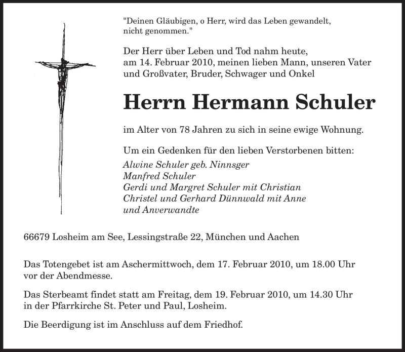  Traueranzeige für Hermann Schuler vom 17.02.2010 aus SAARBRÜCKER ZEITUNG