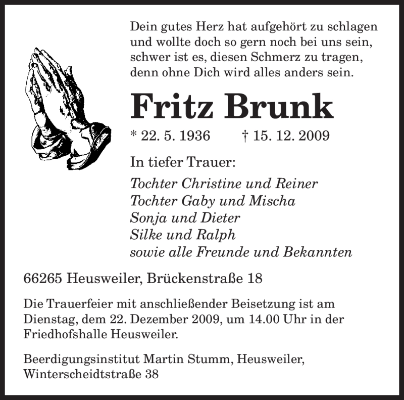  Traueranzeige für Fritz Brunk vom 19.12.2009 aus SAARBRÜCKER ZEITUNG