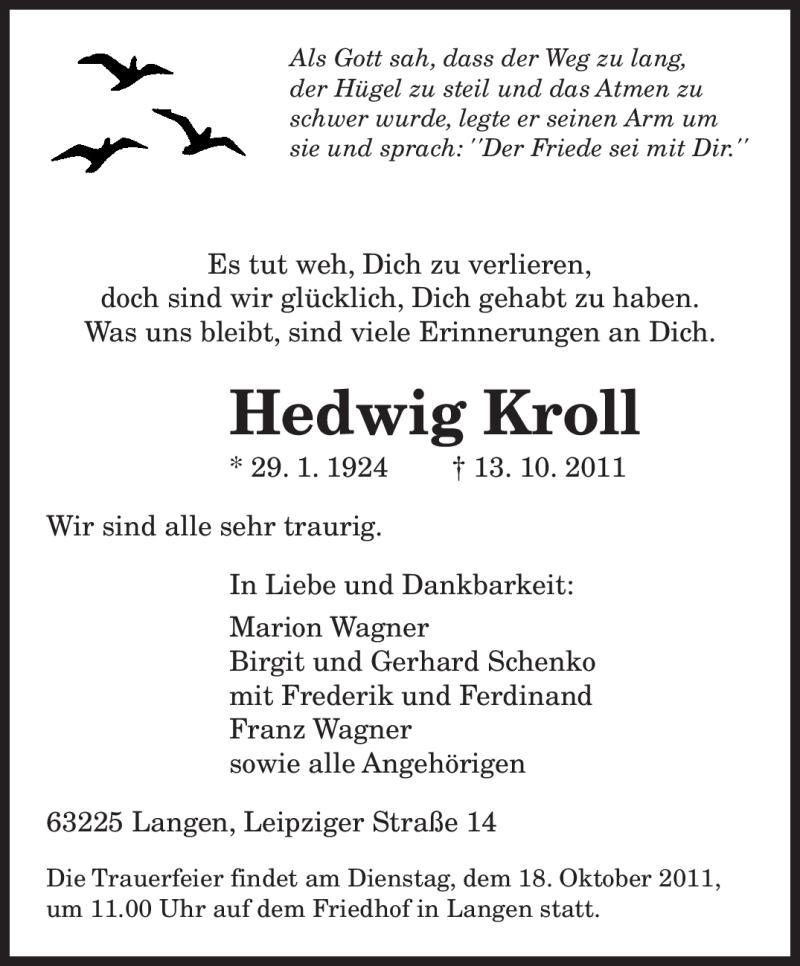  Traueranzeige für Hedwig Kroll vom 15.10.2011 aus SAARBRÜCKER ZEITUNG