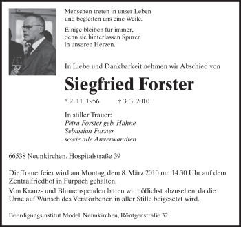 Traueranzeige von Siegfried Forster von SAARBRÜCKER ZEITUNG