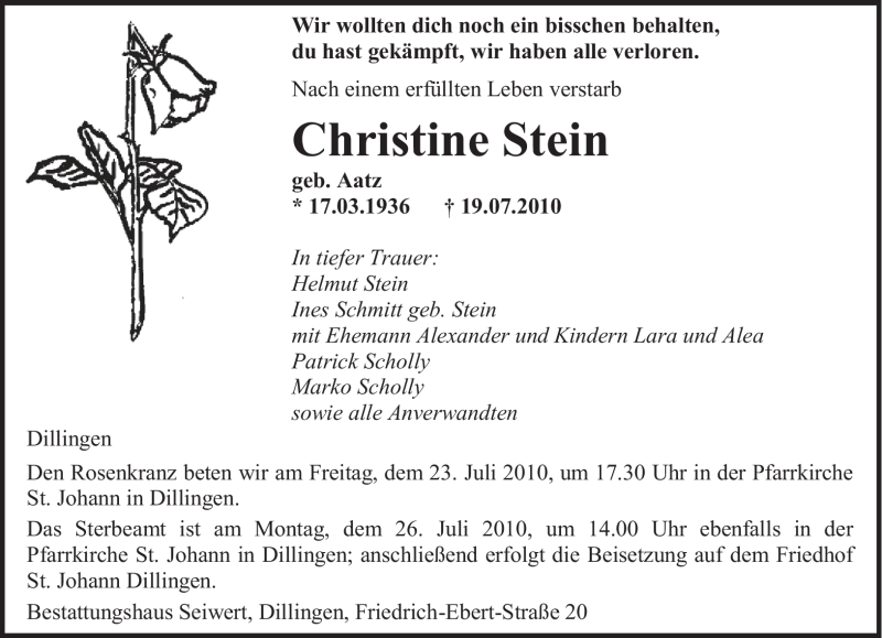  Traueranzeige für Christine Stein vom 21.07.2010 aus SAARBRÜCKER ZEITUNG