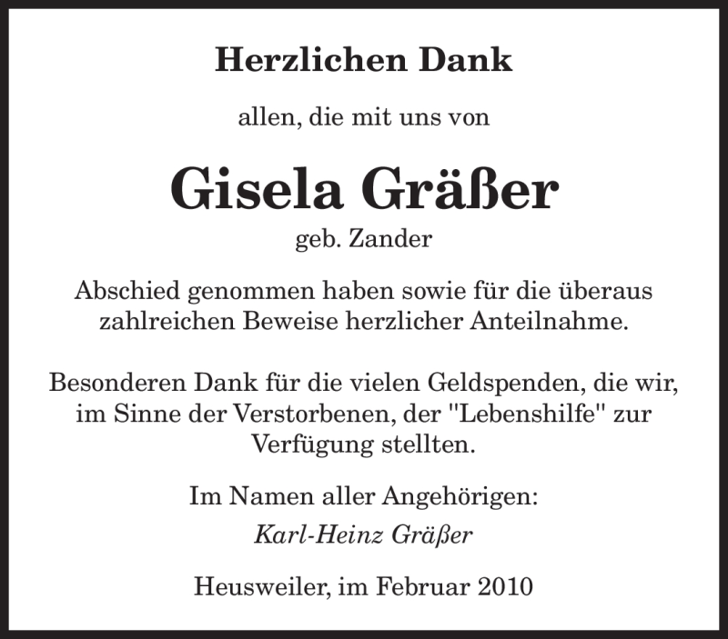  Traueranzeige für Gisela Gräßer vom 10.02.2010 aus SAARBRÜCKER ZEITUNG