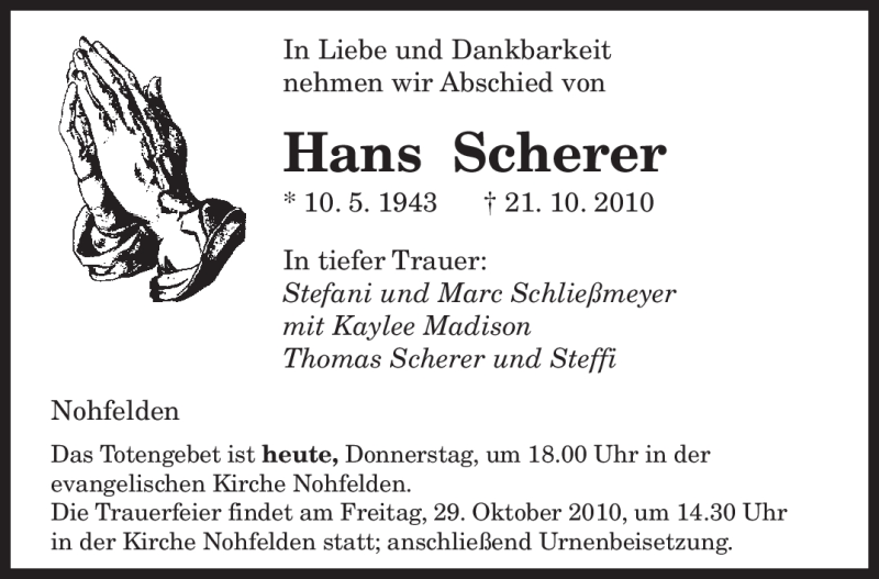  Traueranzeige für Hans Scherer vom 28.10.2010 aus SAARBRÜCKER ZEITUNG