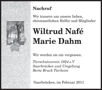 Traueranzeige von Wiltrud Nafé Maria Dahm von SAARBRÜCKER ZEITUNG