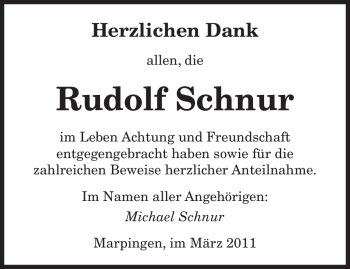 Traueranzeige von Rudolf Schnur von SAARBRÜCKER ZEITUNG