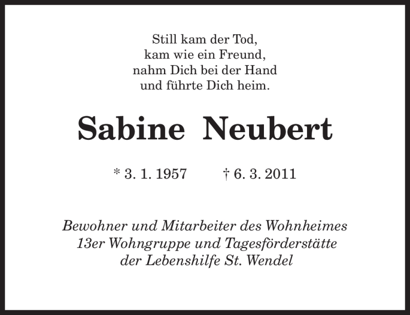  Traueranzeige für Sabine Neubert vom 11.03.2011 aus SAARBRÜCKER ZEITUNG