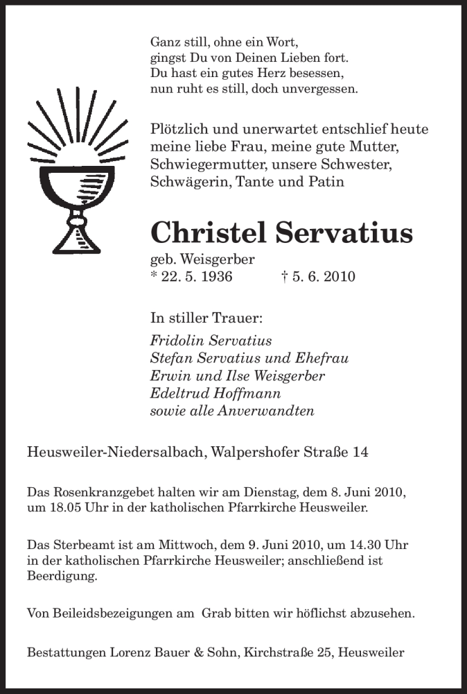  Traueranzeige für Christel Servatius vom 07.06.2010 aus SAARBRÜCKER ZEITUNG