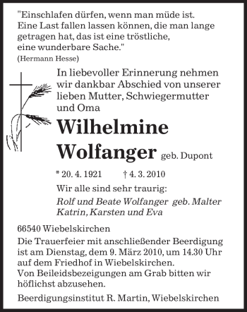 Traueranzeige von Wilhelmine Wolfanger von SAARBRÜCKER ZEITUNG